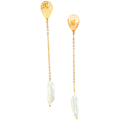 Halcyon & Hadley Quatrefoil Linear Earrings with Biwa Pearls - Women's Earrings - Women's Jewelry - Unique Earrings - Statement Earrings