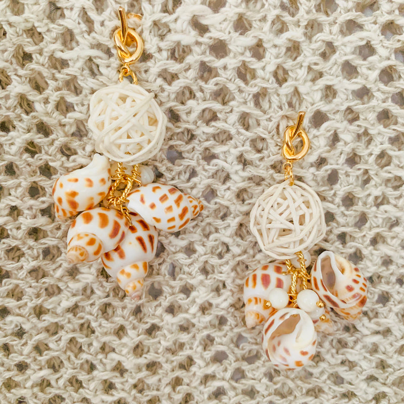 Halcyon & Hadley Calanques Statement Earrings with Babylon Shells and Rattan Poms - Women's Earrings - Women's Jewelry - Unique Earrings - Statement Earrings