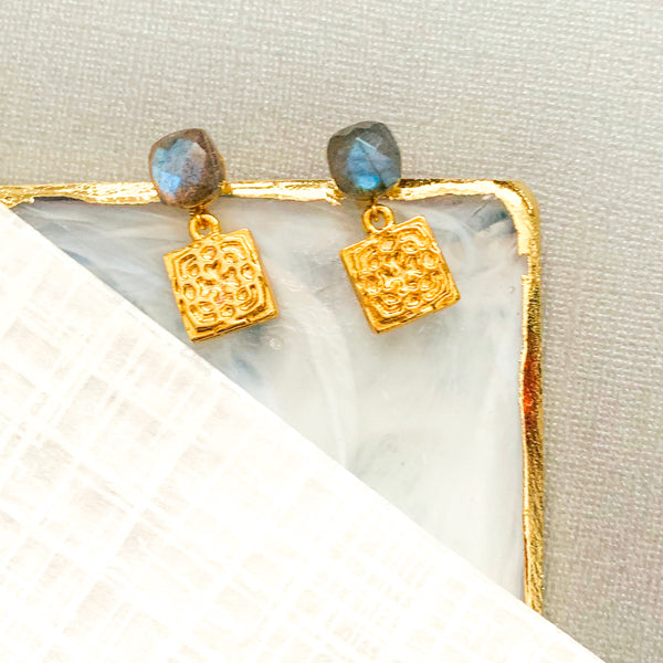 Halcyon & Hadley H Squared Drop Earrings with Faceted Labradorite - Women's Earrings - Women's Jewelry - Unique Earrings - Statement Earrings