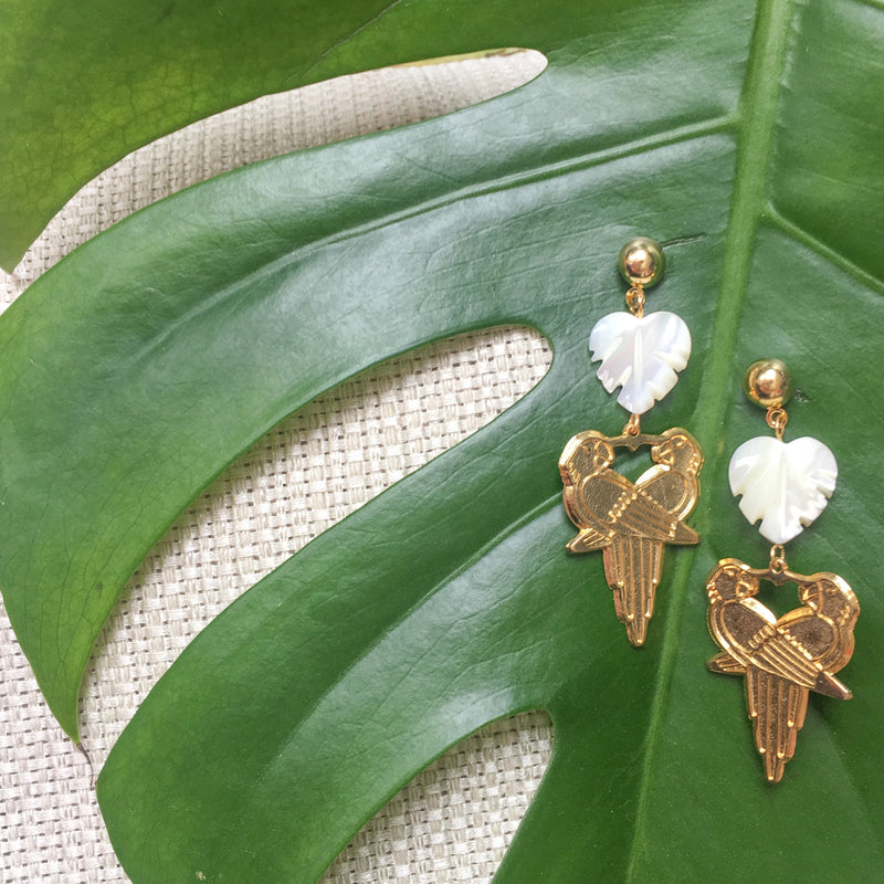 Halcyon & Hadley Lovebirds Mother of Pearl and Gold Drop Earrings - Women's Earrings - Women's Jewelry - Unique Earrings - Statement Earrings