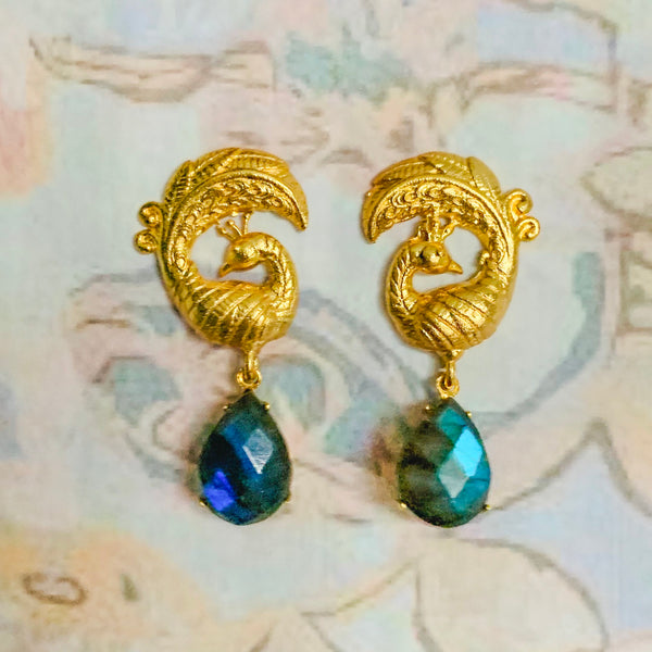 Halcyon & Hadley Golden Peacock Statement Studs with Labradorite - Women's Earrings - Women's Jewelry - Unique Earrings - Statement Earrings