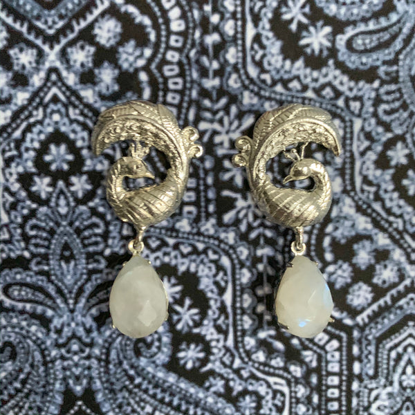 Halcyon & Hadley Silver Peacock Statement Studs with Rainbow Moonstones - Women's Earrings - Women's Jewelry - Unique Earrings - Statement Earrings