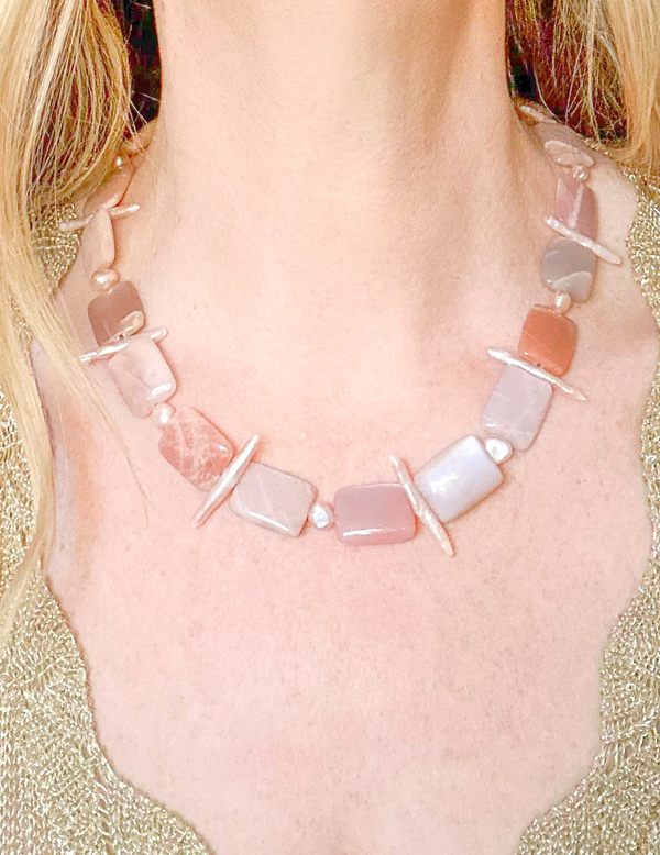 Peach Moonstone and Biwa Pearl Necklace