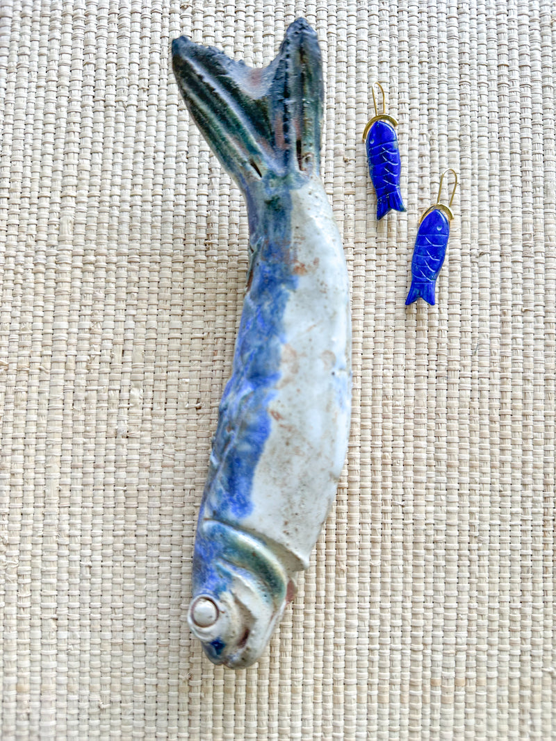 Angler Earrings with Carved Lapis Lazuli Fish