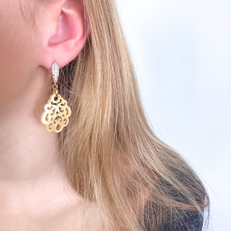 Gold Mother of Pearl Filigree Statement Earrings