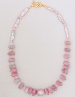 Madagascar Rose Quartz and Biwa Pearl Necklace