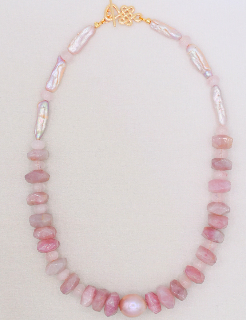 Madagascar Rose Quartz and Biwa Pearl Necklace