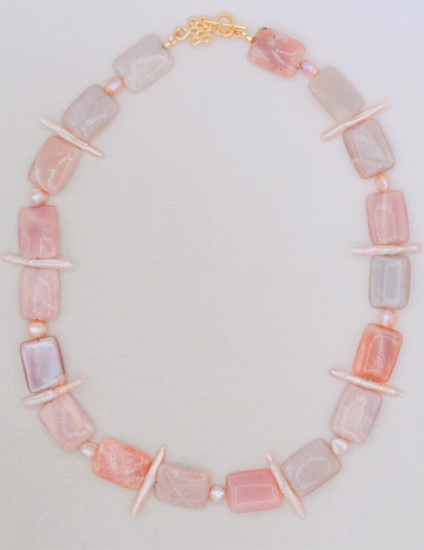 Peach Moonstone and Biwa Pearl Necklace
