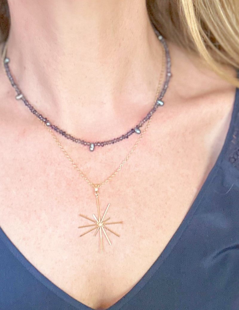 Midnight Bloom Necklace With Iolite and Peacock Pearls
