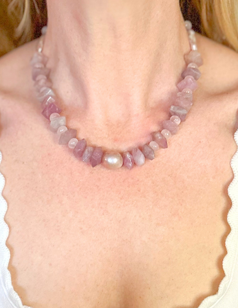 Madagascar Rose Quartz and Biwa Pearl Necklace