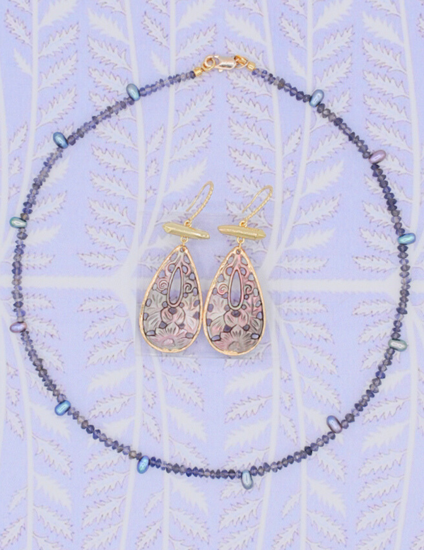 Midnight Bloom Necklace With Iolite and Peacock Pearls