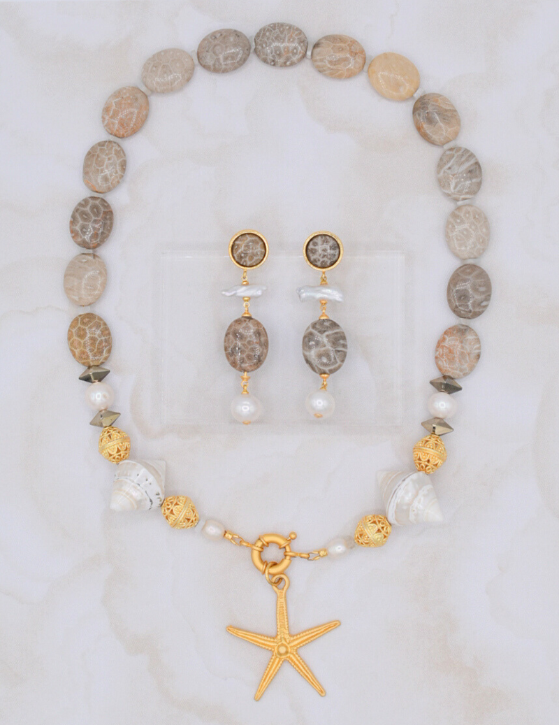 Fossil Coral and Pearl Statement Necklace