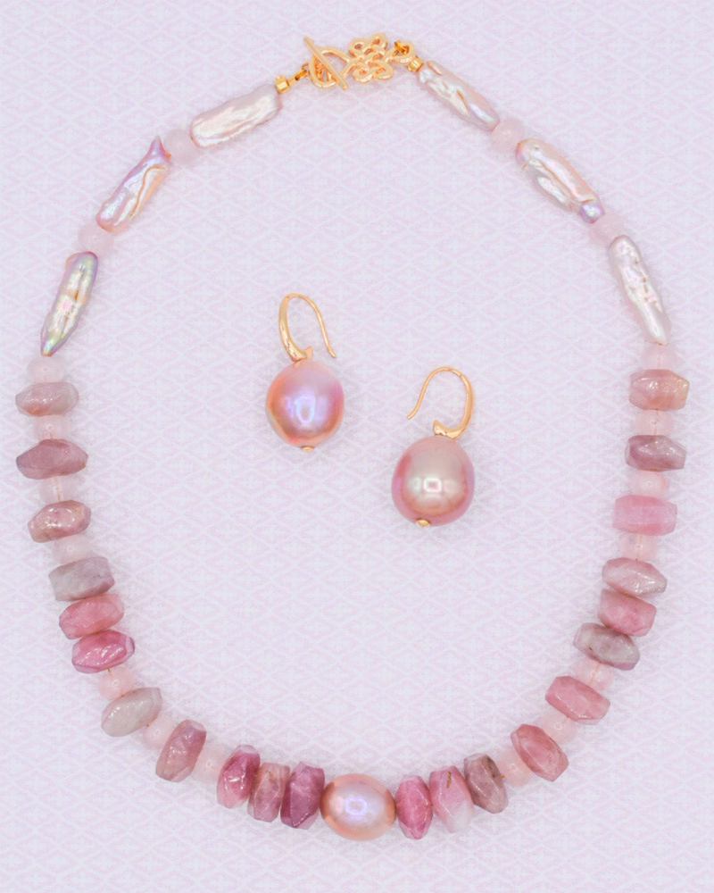 Madagascar Rose Quartz and Biwa Pearl Necklace