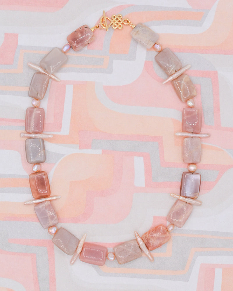 Peach Moonstone and Biwa Pearl Necklace