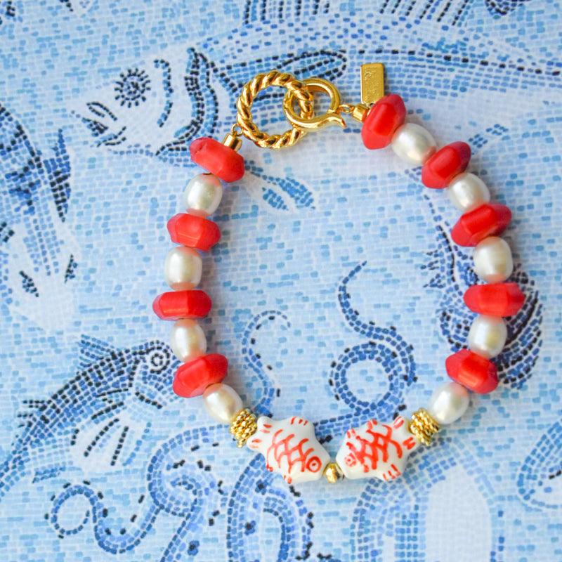 Red Fish Bracelet With Coral and Freshwater Pearls