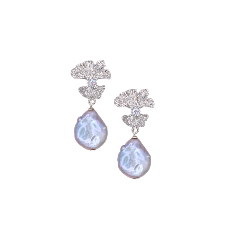 Silver Gingko Studs with Freshwater Coin Pearls