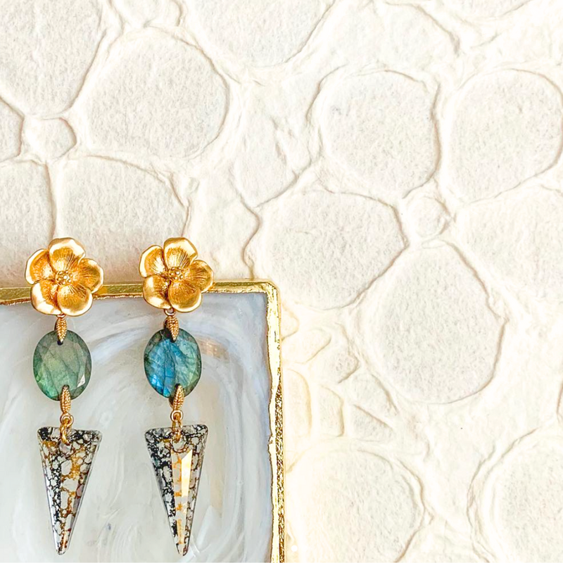 Blossom Statement Earrings in Labradorite & Gold