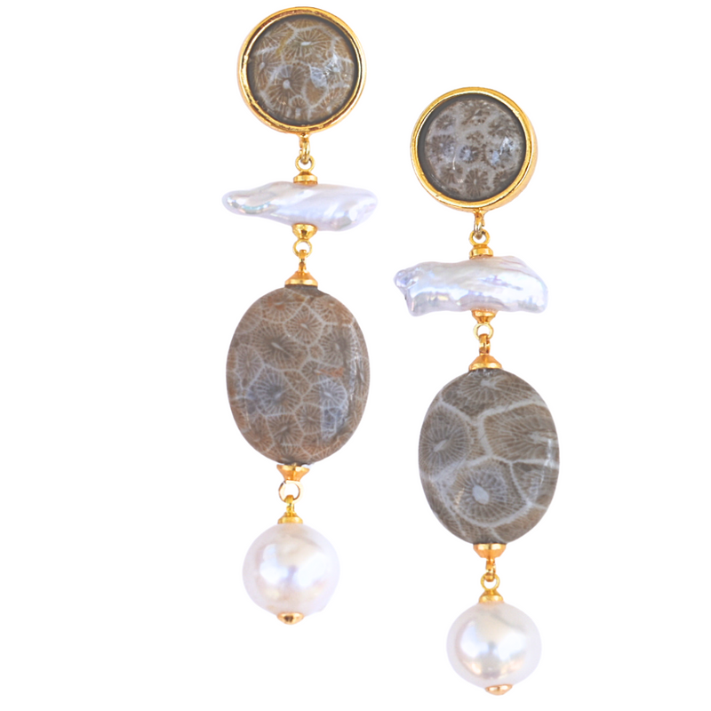 Fossil Coral Statement Earrings with Pearls