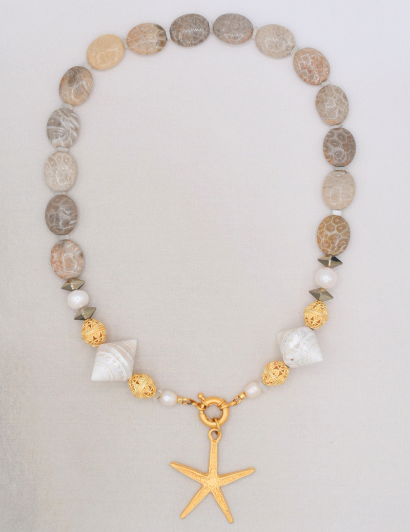 Fossil Coral and Pearl Statement Necklace