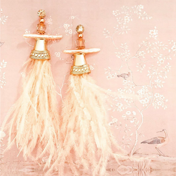 Halcyon & Hadley Blush Chinoiserie Statement Earrings with Biwa Pearls and Ostrich Feathers - Women's Earrings - Women's Jewelry - Unique Earrings - Statement Earrings