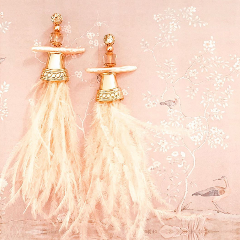 Halcyon & Hadley Blush Chinoiserie Statement Earrings with Biwa Pearls and Ostrich Feathers - Women's Earrings - Women's Jewelry - Unique Earrings - Statement Earrings