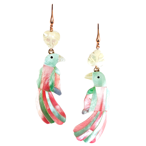 Halcyon & Hadley Toucan Statement Earrings in Pink and Green Mother of Pearl Shell Mosaic - Women's Earrings - Women's Jewelry - Unique Earrings - Statement Earrings