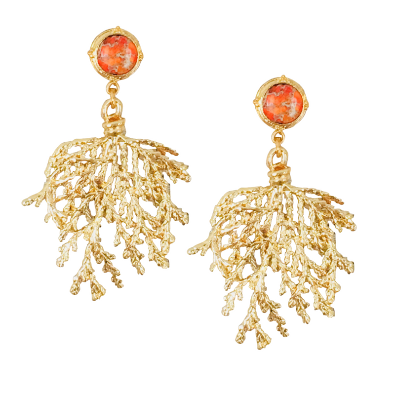 Halcyon & Hadley Gilded Reef Statement Earrings with Orange Aqua Terra Jasper - Women's Earrings - Women's Jewelry - Unique Earrings - Statement Earrings