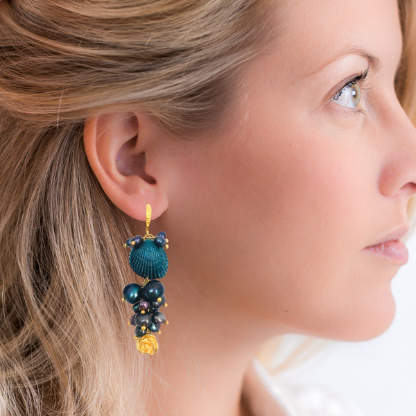 Halcyon & Hadley Martha's Vineyard Cascade Clam Earrings with Freshwater Pearls and Roses - Women's Earrings - Women's Jewelry - Unique Earrings - Statement Earrings