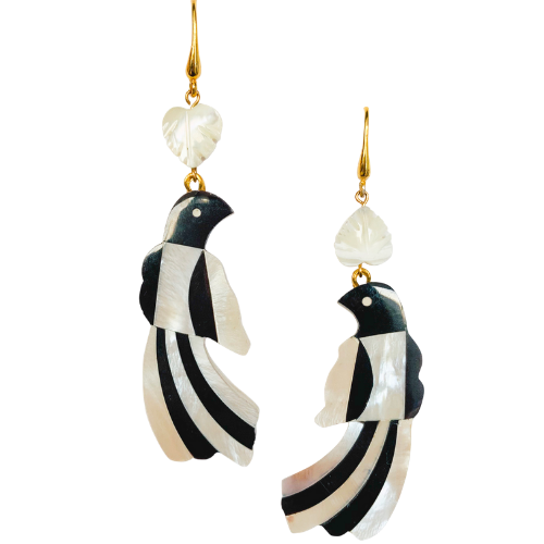 Halcyon & Hadley Toucan Statement Earrings in Black and Ivory Mother of Pearl Shell Mosaic - Women's Earrings - Women's Jewelry - Unique Earrings - Statement Earrings