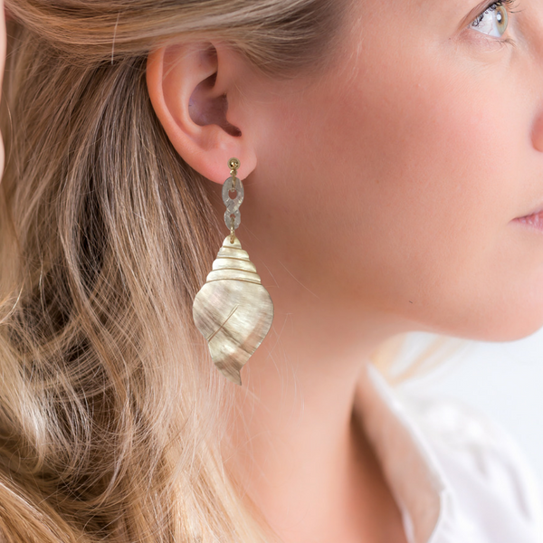 Halcyon & Hadley Ocean’s 16 Statement Earrings with Swarovski Crystals and Hand-Carved Gold Lip Mother of Pearl - Women's Earrings - Women's Jewelry - Unique Earrings - Statement Earrings