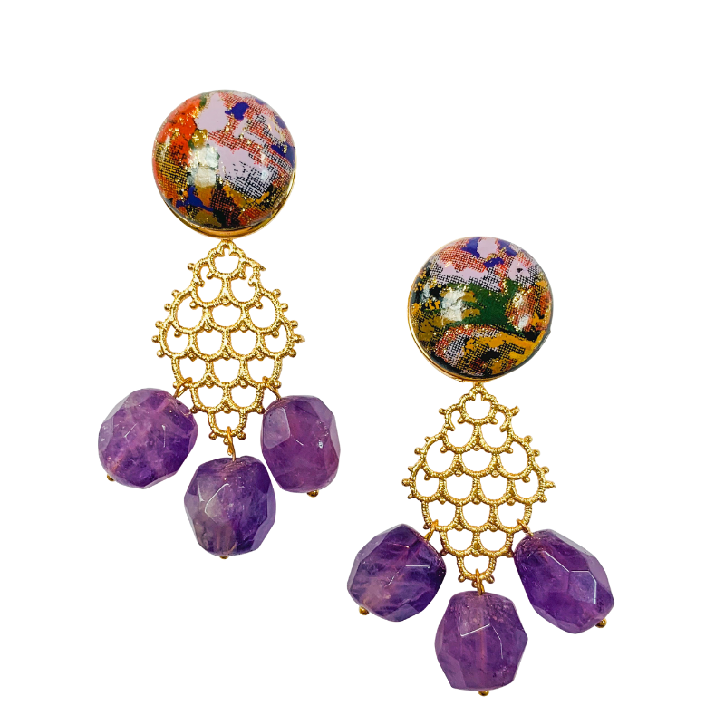 Halcyon & Hadley Indochine II Statement Earrings with Amethyst - Women's Earrings - Women's Jewelry - Unique Earrings - Statement Earrings