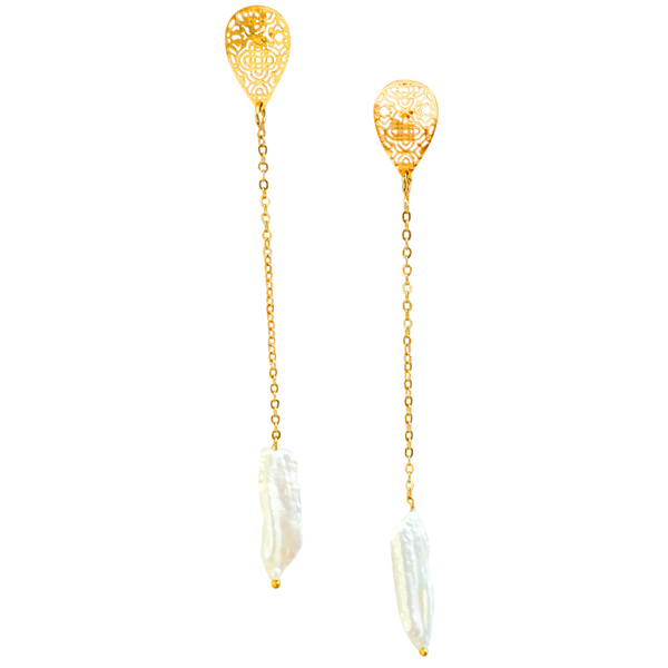 Halcyon & Hadley Quatrefoil Linear Earrings with Biwa Pearls - Women's Earrings - Women's Jewelry - Unique Earrings - Statement Earrings