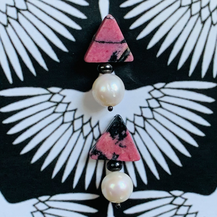 Triple Threat Statement Stud with Pink and Black Rhodonite and Ivory Baroque Pearls