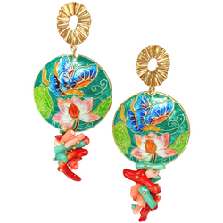 Halcyon & Hadley Cloisonné Lily Pad Statement Earrings with Bamboo Coral - Women's Earrings - Women's Jewelry - Unique Earrings - Statement Earrings