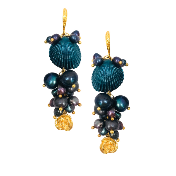 Halcyon & Hadley Martha's Vineyard Cascade Clam Earrings with Freshwater Pearls and Roses - Women's Earrings - Women's Jewelry - Unique Earrings - Statement Earrings