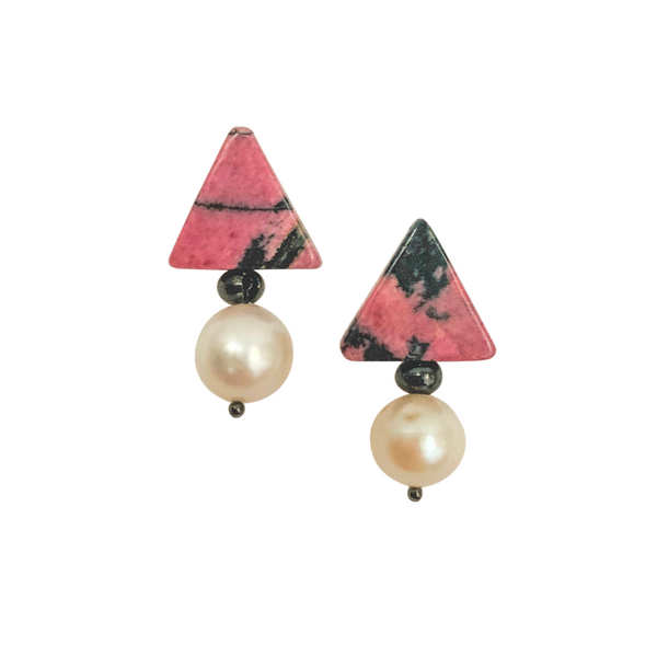 Halcyon & Hadley Triple Threat Statement Stud with Pink and Black Rhodonite and Ivory Baroque Pearls - Women's Earrings - Women's Jewelry - Unique Earrings - Statement Earrings