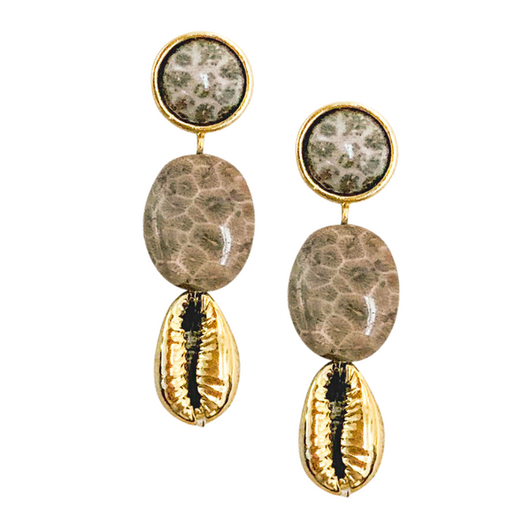 Halcyon & Hadley Fossil Coral Statement Earrings with Gold Cowrie Shells - Women's Earrings - Women's Jewelry - Unique Earrings - Statement Earrings