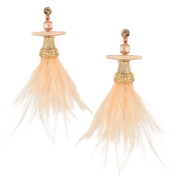 Halcyon & Hadley Blush Chinoiserie Statement Earrings with Biwa Pearls and Ostrich Feathers - Women's Earrings - Women's Jewelry - Unique Earrings - Statement Earrings