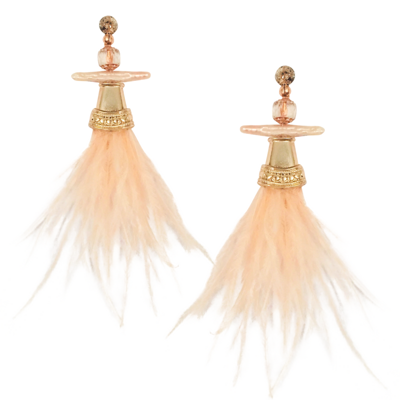 Blush Chinoiserie Statement Earrings with Biwa Pearls and Ostrich