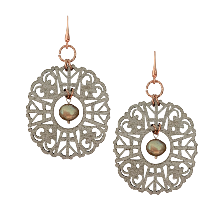 Halcyon & Hadley Imperial Fretwork Statement Earrings in Champagne with Freshwater Pearls - Women's Earrings - Women's Jewelry - Unique Earrings - Statement Earrings