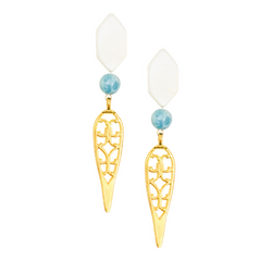 Halcyon & Hadley Geisha Fretwork Earrings in Larimar and Mother of Pearl Shell - Women's Earrings - Women's Jewelry - Unique Earrings - Statement Earrings