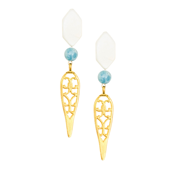 Halcyon & Hadley Geisha Fretwork Earrings in Larimar and Mother of Pearl Shell - Women's Earrings - Women's Jewelry - Unique Earrings - Statement Earrings