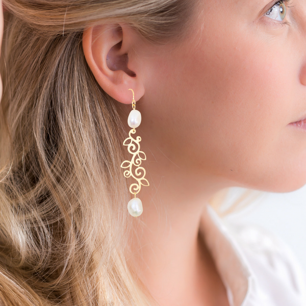 Halcyon & Hadley Pearls and Vines Linear Earrings - Women's Earrings - Women's Jewelry - Unique Earrings - Statement Earrings