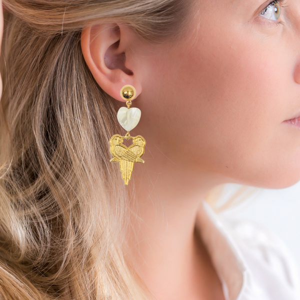 Halcyon & Hadley Lovebirds Mother of Pearl and Gold Drop Earrings - Women's Earrings - Women's Jewelry - Unique Earrings - Statement Earrings