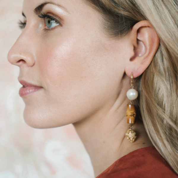 Halcyon & Hadley Bamboo Bali Statement Earrings with Freshwater Pearls - Women's Earrings - Women's Jewelry - Unique Earrings - Statement Earrings