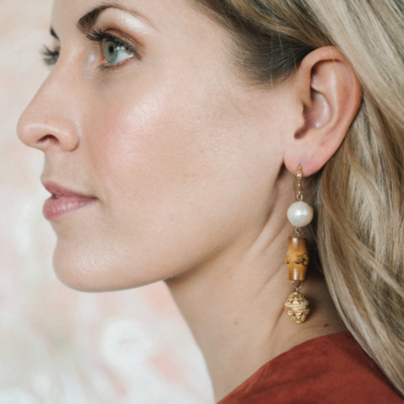 Halcyon & Hadley Bamboo Bali Statement Earrings with Freshwater Pearls - Women's Earrings - Women's Jewelry - Unique Earrings - Statement Earrings