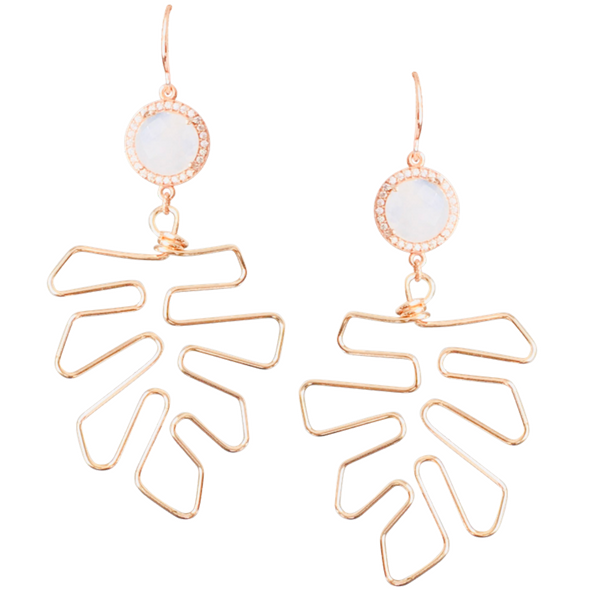 Halcyon & Hadley Moonstones and Monsteras Statement Earrings in Rose Gold Pave - Women's Earrings - Women's Jewelry - Unique Earrings - Statement Earrings