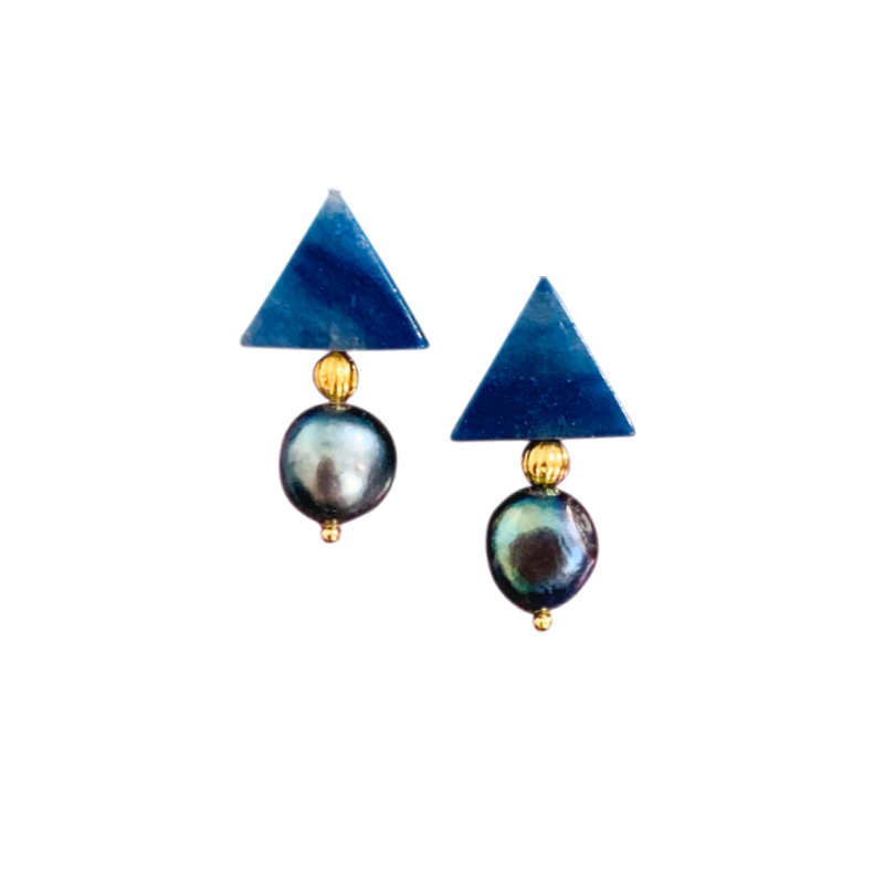 Halcyon & Hadley Triple Threat Statement Studs in Blue Aventurine and Peacock Baroque Pearls - Women's Earrings - Women's Jewelry - Unique Earrings - Statement Earrings