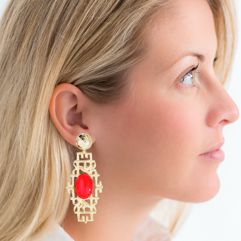 Halcyon & Hadley Bamboo Boo Statement Earrings with Crimson Jade - Women's Earrings - Women's Jewelry - Unique Earrings - Statement Earrings