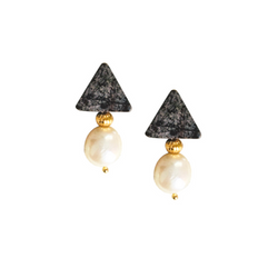 Halcyon & Hadley Triple Threat Statement Studs in Chocolate Snowflake Obsidian and Baroque Pearls - Women's Earrings - Women's Jewelry - Unique Earrings - Statement Earrings